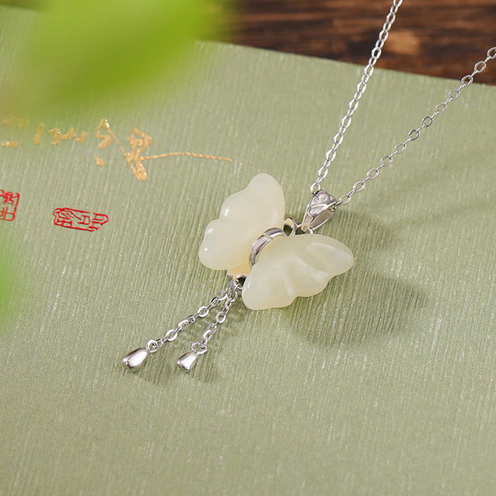 Buddha Stones 925 Sterling Silver Plated Gold Hetian White Jade Butterfly Blessing Necklace Pendant - Silver - image 8