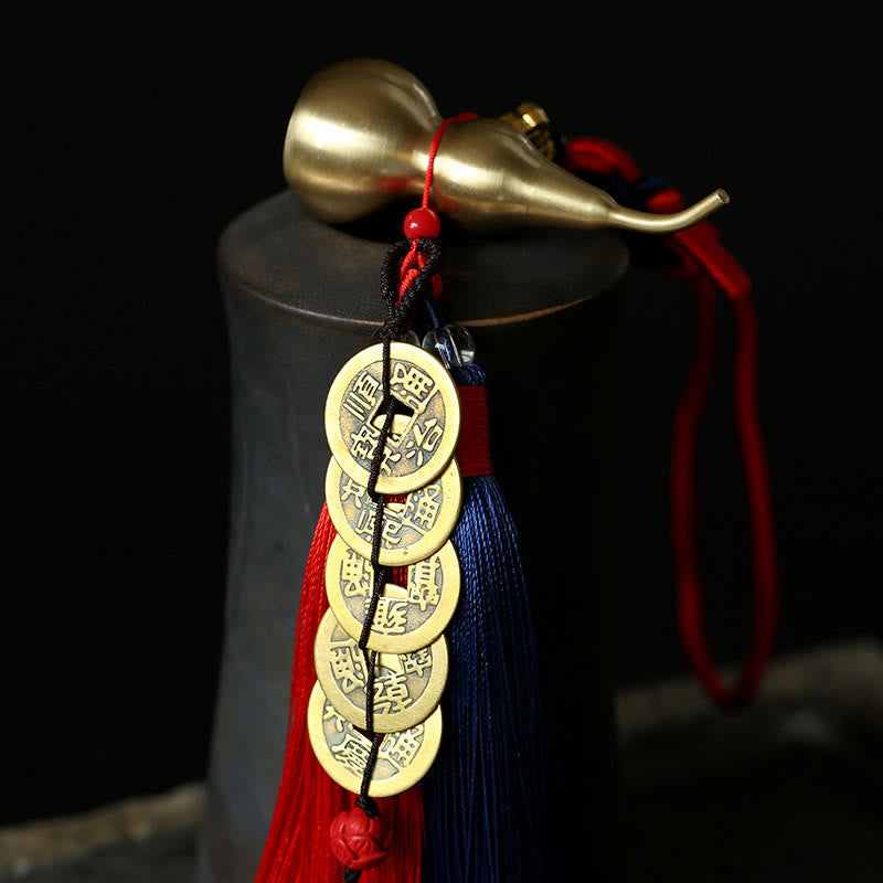 Buddha Stones Feng Shui Wu Lou Gourd Ancient Chinese Coins  Wealth Car Hanging Decoration - image 1