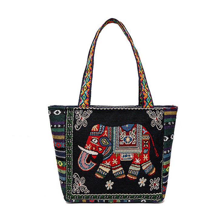 Buddha Stones Elephant Butterfly Embroidered Large Capacity Canvas Tote Bag Shoulder Bag - Black Elephant - image 13