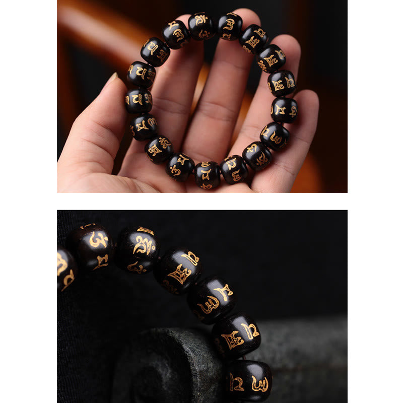 Buddha Stones Tibetan Ebony Wood Om Mani Padme Hum Engraved Peace Bracelet - image 6