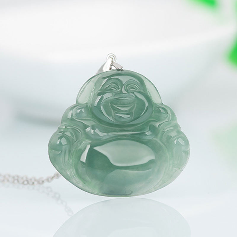 Buddha Stones Laughing Buddha Jade Protection Calm Titanium Steel Chain Necklace Pendant - image 2