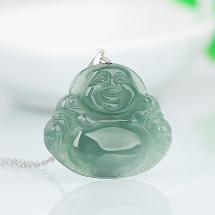 Buddha Stones Laughing Buddha Jade Protection Calm Titanium Steel Chain Necklace Pendant - image 2