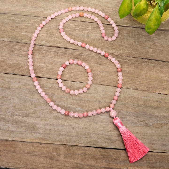 Buddha Stones 108 Mala Beads Pink Crystal Love Tassel Bracelet - image 2