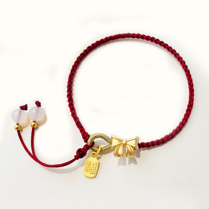 Buddha Stones Handmade Peach Blossom Rosette Bow Knot Fu Character Charm Luck Fortune Red Rope Bracelet - Bow Knot(Wrist Circumference 14-17cm) - image 4