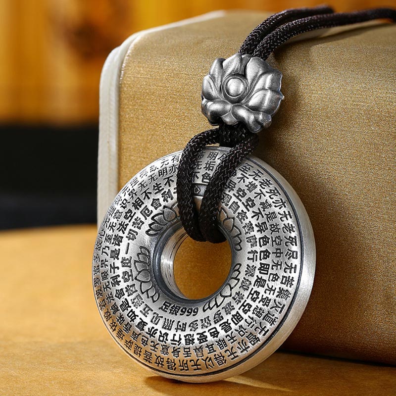 Buddha Stones 999 Sterling Silver Heart Sutra Lotus Peace Buckle Necklace Pendant - 999 Sterling Silver - image 0