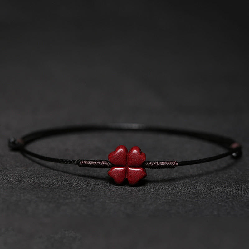 Buddha Stones Handmade Plum Blossom Four Leaf Clover PiXiu Lotus Koi Fish Cinnabar Blessing Braid Bracelet - Black(Wrist Circumference 14-19cm) - Four Leaf Clover - image 19