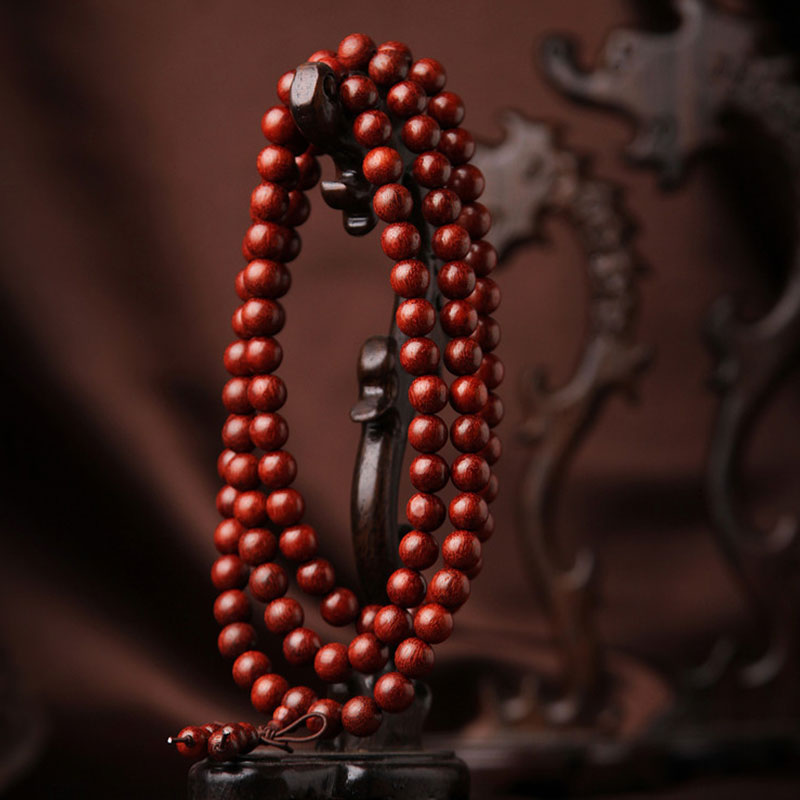 Buddha Stones Tibetan Small Leaf Red Sandalwood 108 Beads Mala Meditation Bracelet - image 1