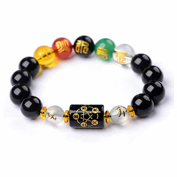 Buddha Stones Chinese Zodiac Feng Shui Obsidian Five-Element Wealth Porsperity Bracelet - Horse & Goat - Obsidian - 0.55 in (14 mm) - image 0