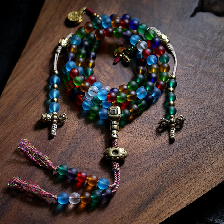 Buddha Stones Tibetan 108 Mala Beads Multicolored Liuli Glass Bead Chinese Zodiac Nine Palaces Eight Diagrams Charm Bracelet - Liuli Glass Bead - Non-Elastic Rope - image 0