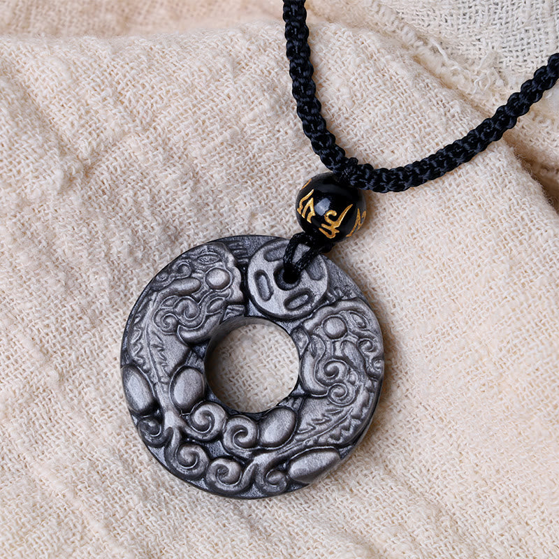 Buddha Stones Natural Silver Sheen Obsidian Double PiXiu Copper Coin Peace Buckle Protection Necklace Pendant - image 1