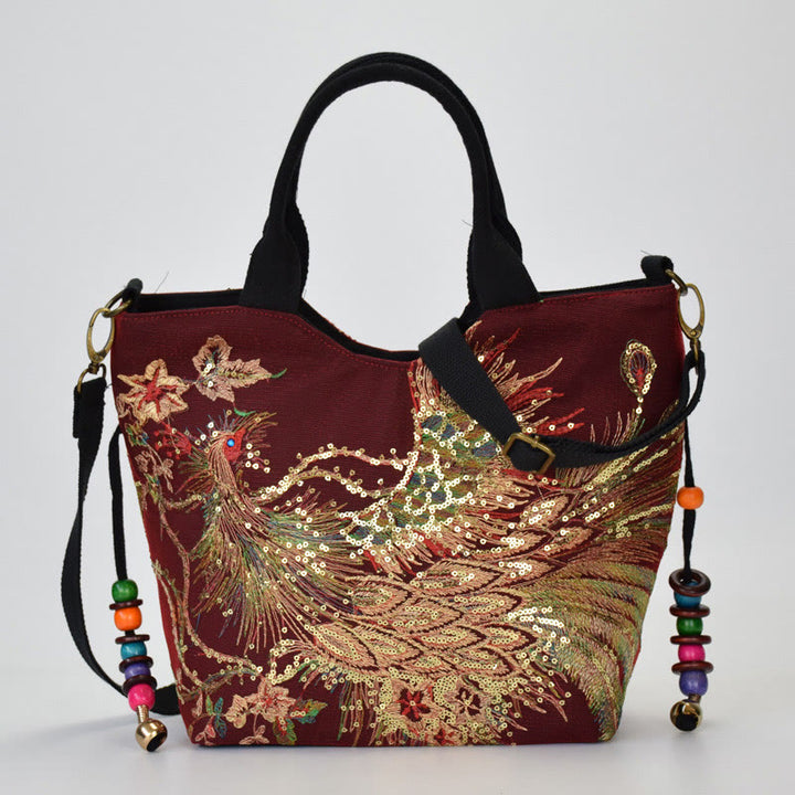 Buddha Stones Peacock Double-sided Embroidery Tote Bag Shoulder Bag Crossbody Bag - Wine Red Peacock - Shoulder Bag/Tote Bag - image 17