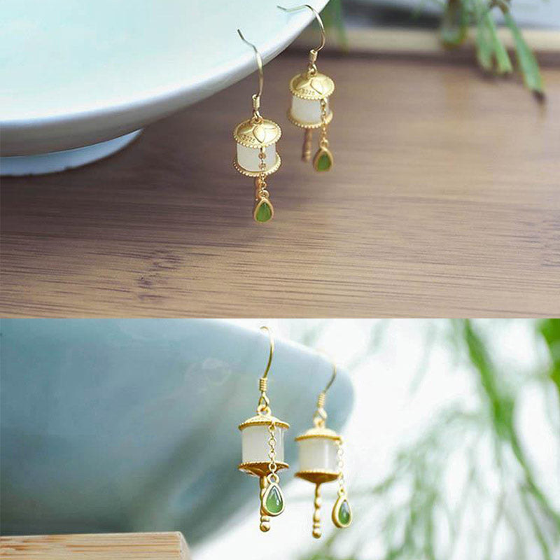 Buddha Stones 925 Sterling Silver Jade Prayer Wheel Luck Drop Earrings - image 10