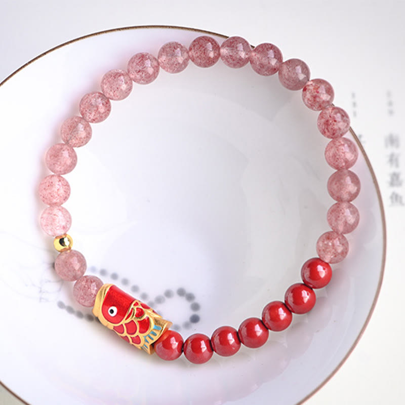 Buddha Stones Natural Strawberry Quartz Cinnabar Lucky Koi Fish Healing Bracelet - image 3