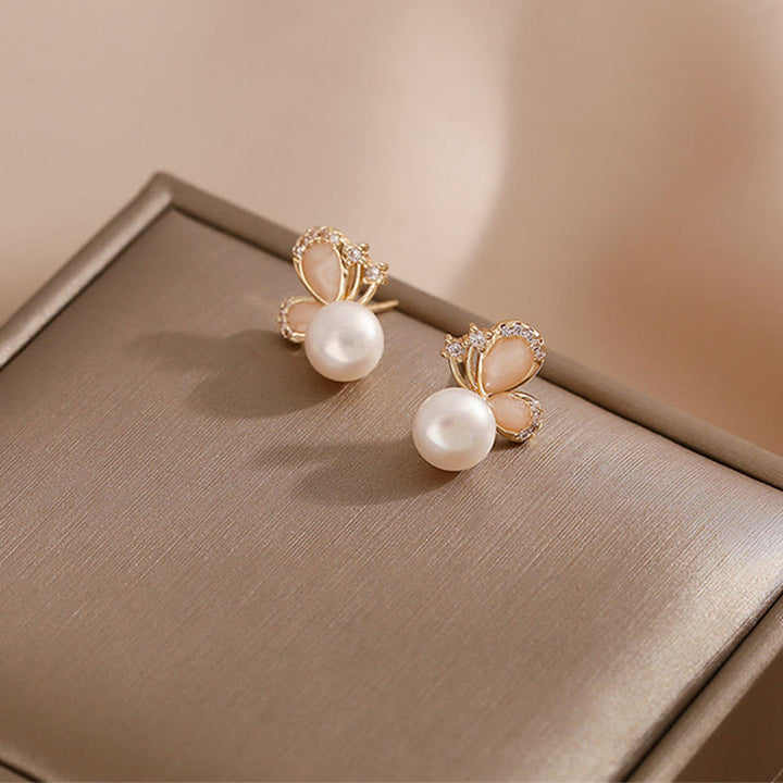 Buddha Stones 18k Gold Plated Pearl Butterfly Love Freedom Stud Earrings - image 3