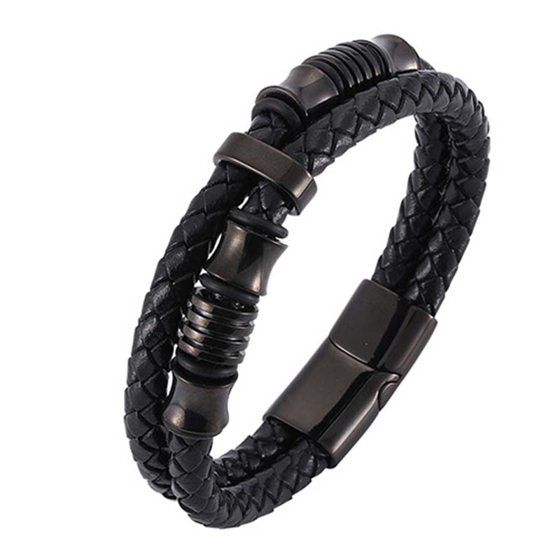 Buddha Stones Layered Leather Weave Fortune Bracelet - Black 20.5cm - image 0