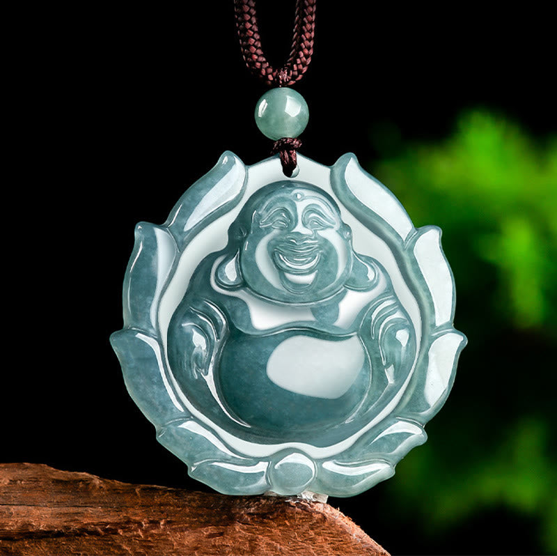 Buddha Stones Natural Jade Laughing Buddha Lotus Pattern Luck Necklace Pendant - image 2