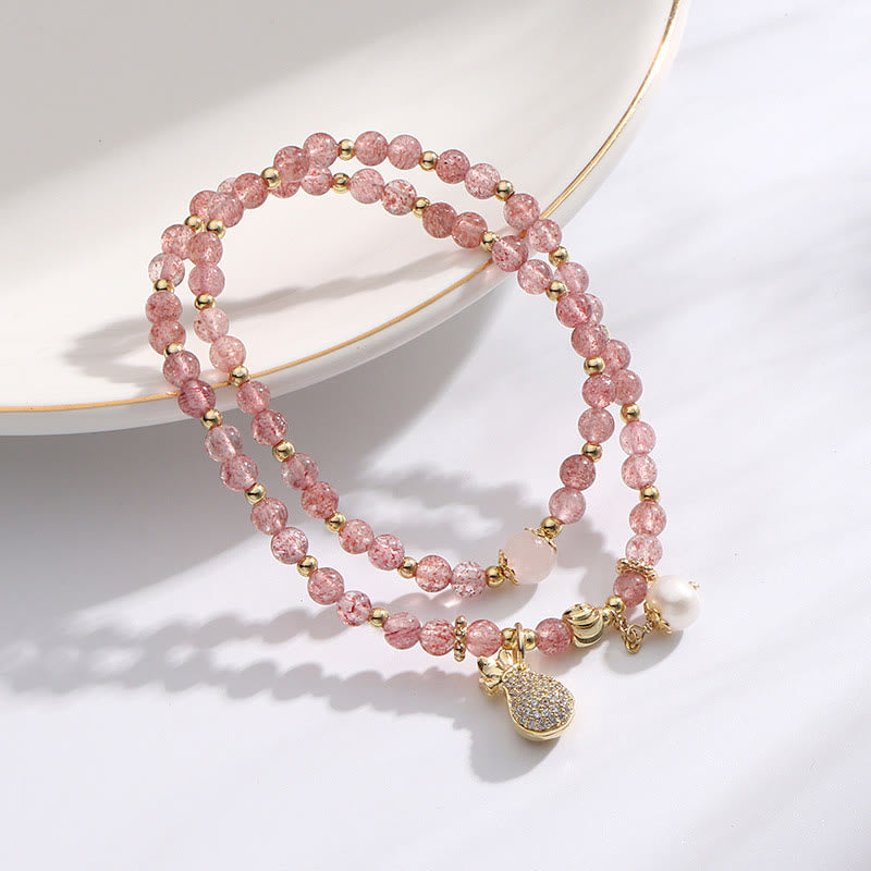 Buddha Stones Strawberry Quartz Money Bag Positive Charm Double Wrap Bracelet - image 1