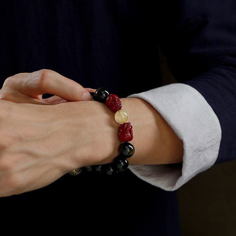 Buddha Stones Gold Sheen Obsidian PiXiu Cinnabar Om Mani Padme Hum Protection Bracelet - image 3