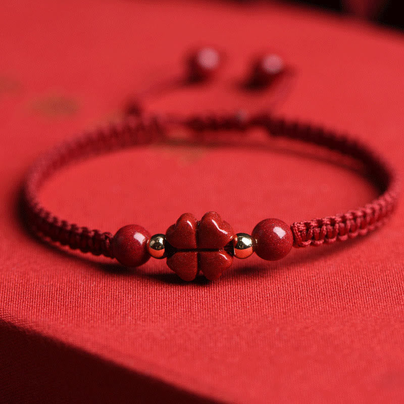Buddha Stones Four Leaf Clover Five-petal Flower Cinnabar Blessing Red String Bracelet - Cinnabar - Lucky Four Leaf Clover(Wrist Circumference 15-19cm) - image 0