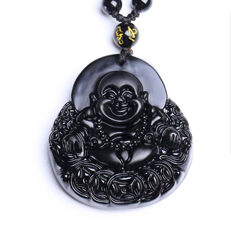 Buddha Stones Laughing Buddha Black Obsidian Strength Protection Pendant Necklace - image 5