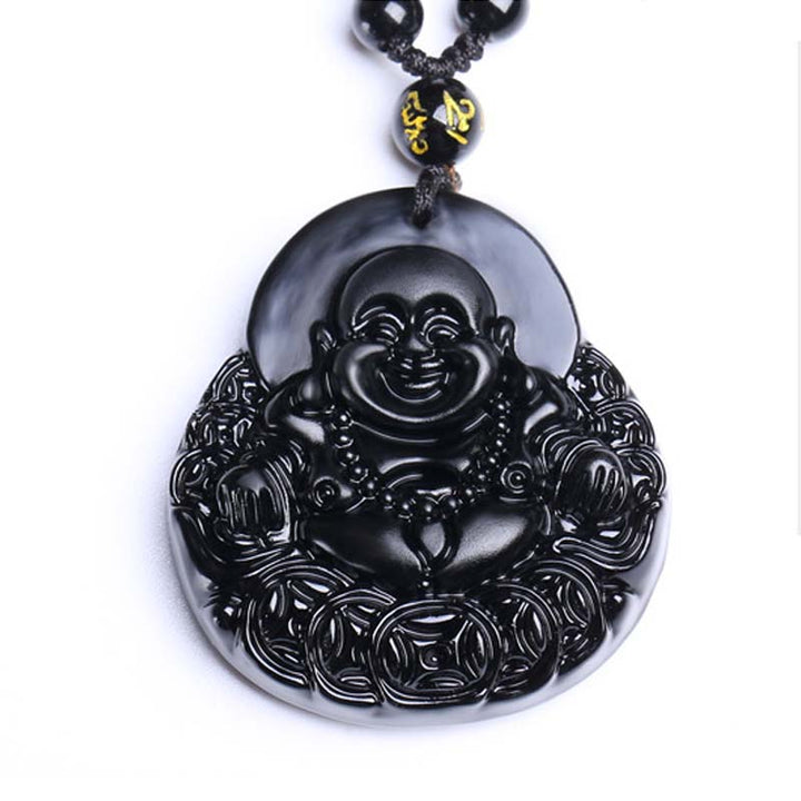 Buddha Stones Laughing Buddha Black Obsidian Strength Protection Pendant Necklace - image 5