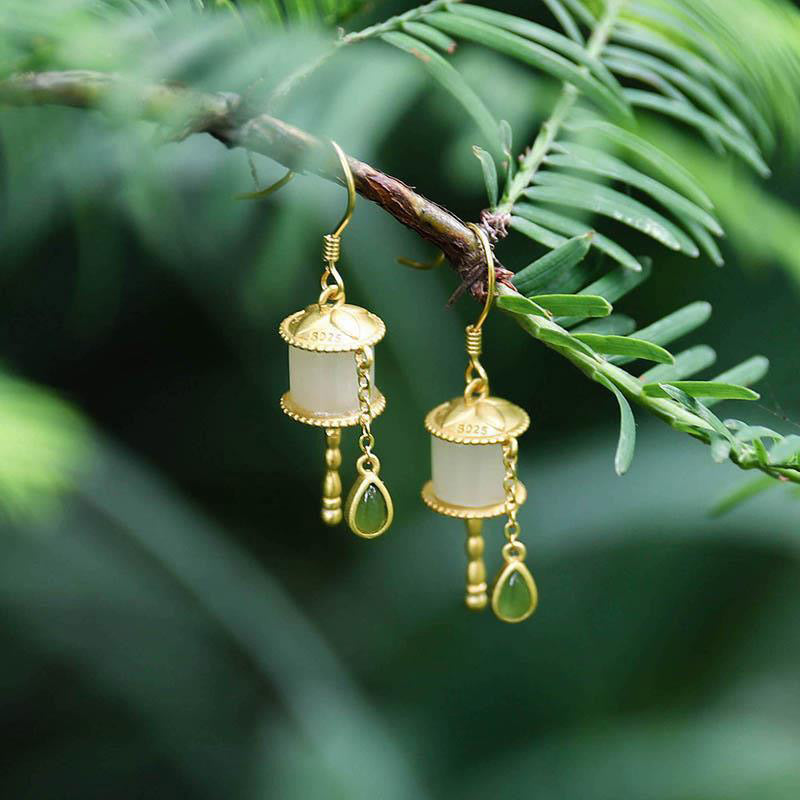 Buddha Stones 925 Sterling Silver Jade Prayer Wheel Luck Drop Earrings - image 0
