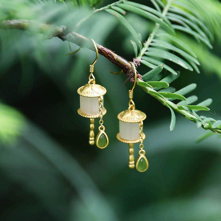 Buddha Stones 925 Sterling Silver Jade Prayer Wheel Luck Drop Earrings - image 0