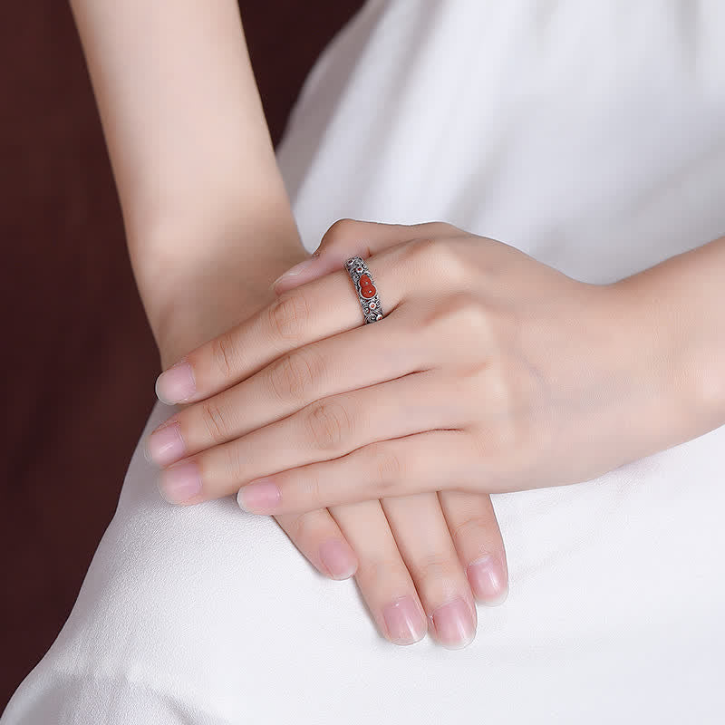 Buddha Stones 925 Sterling Silver Red Agate Cyan Jade Gourd Blessing Auspicious Ring - image 3