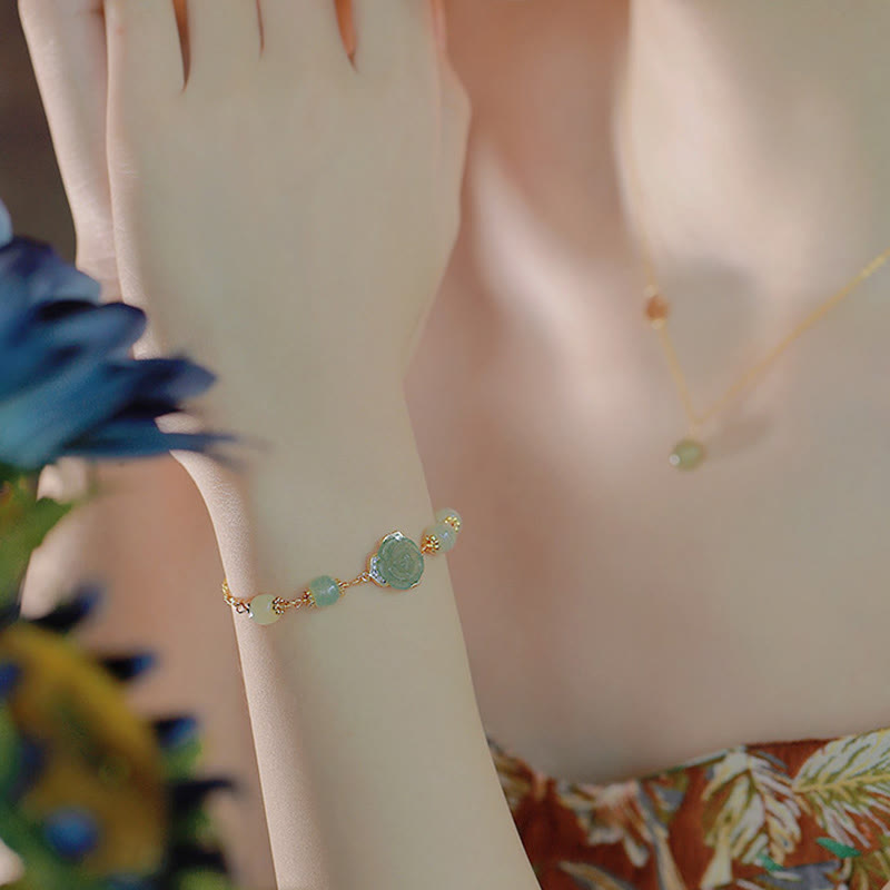 Buddha Stones 14K Gold Plated Hetian Jade Rose Flower Luck Chain Bracelet - image 10