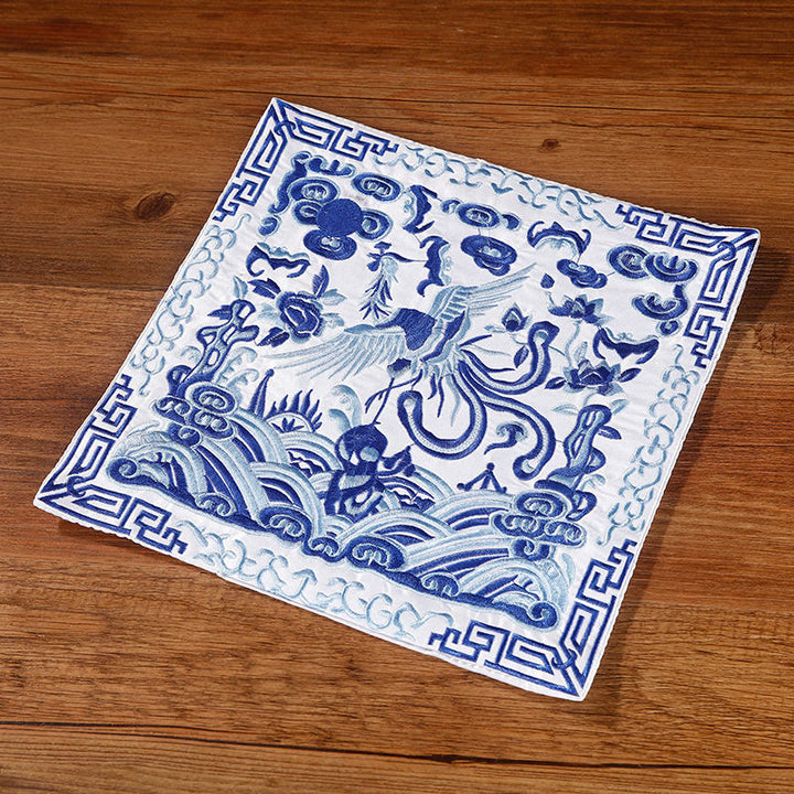 Buddha Stones Crane Phoenix Dragon Kirin Embroidered Cup Mat Pad Tea Cup Coaster Square Kung Fu Tea Mat - Blue And White Phoenix - image 11