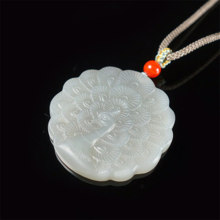 White Jade Peacock Protection Blessing Necklace Pendant - image 2