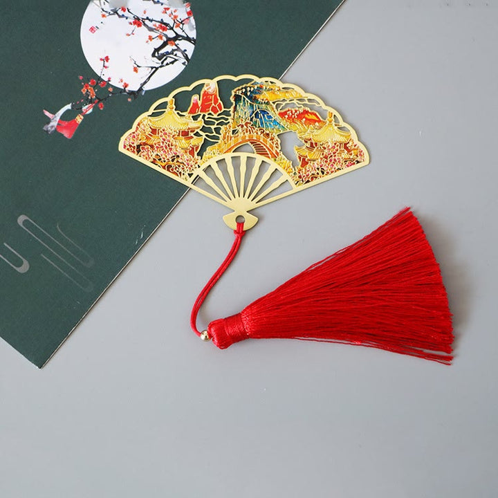 Buddha Stones Traditional Butterfly Lotus Flower Crane Dragon Phoenix Fox Koi Fish New Beginning Metal Brass Hollow Fan Bookmarks - Mountain - image 20