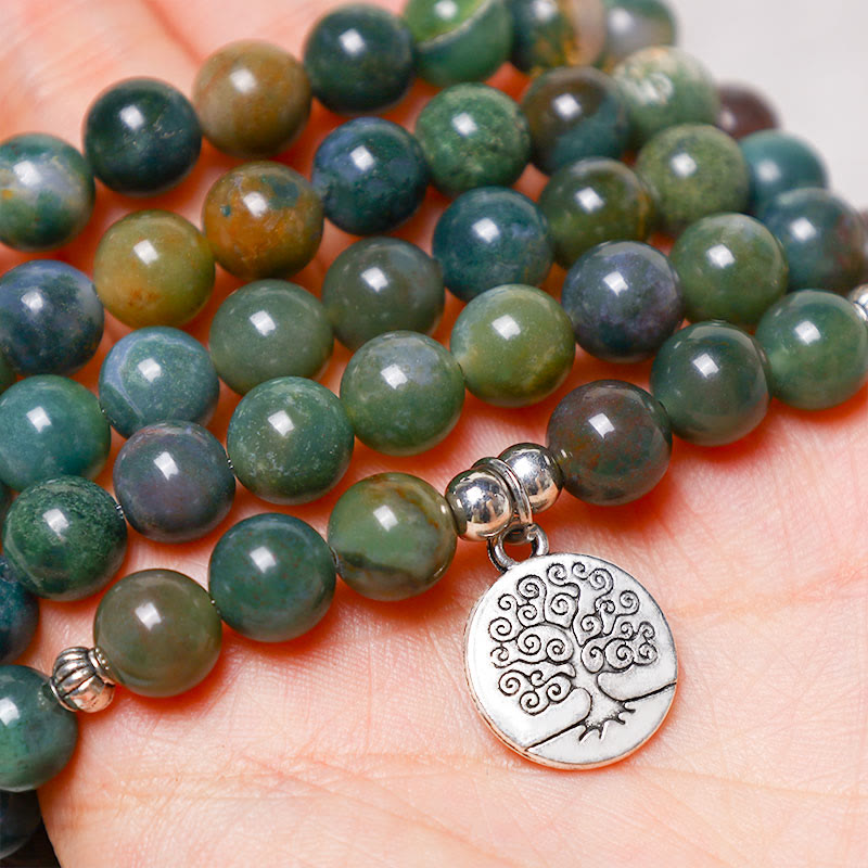 Buddha Stones 108 Mala Beads Indian Agate Lotus OM Buddha Tree of life Positive Calm Bracelet - image 9