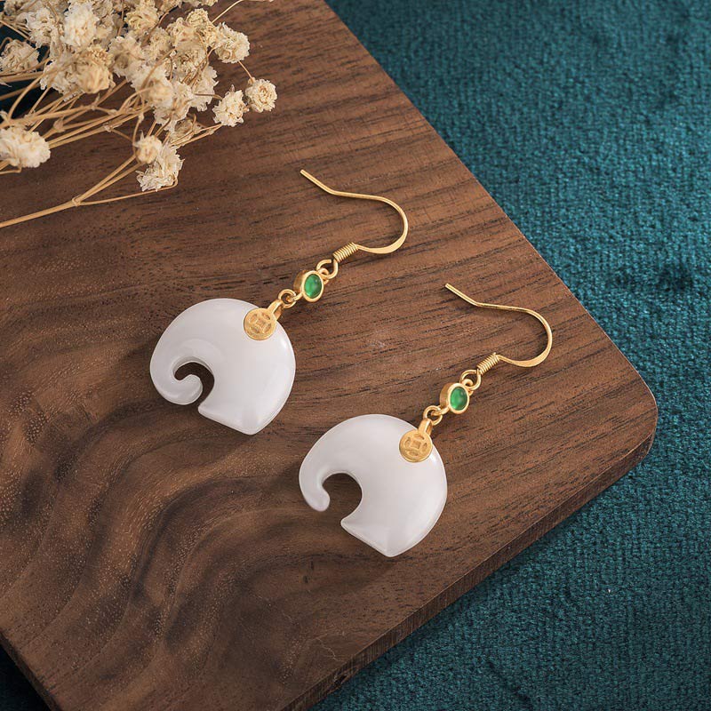 Buddha Stones FengShui Elephant White Jade Fortune Earrings - image 1