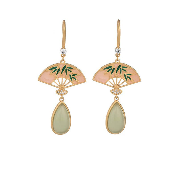 Buddha Stones Natural Green Aventurine Fan Pattern Luck Drop Earrings - image 4