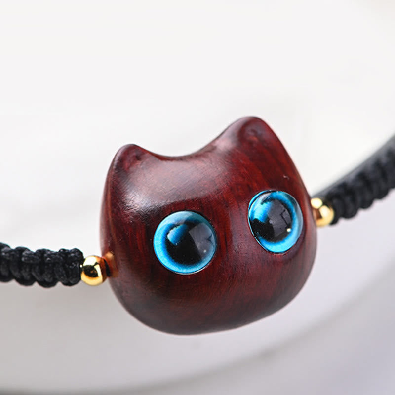 Buddha Stones Small Leaf Red Sandalwood Ebony Wood Cute Cat Head Calm Protection Braided Bracelet - image 6