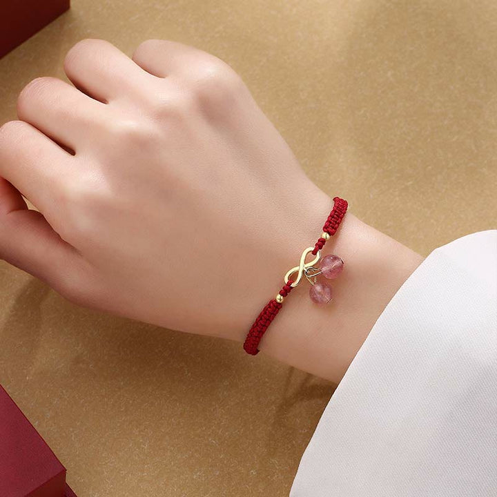 Buddha Stones Strawberry Quartz Crystal Endless Knot Love Healing Red String Weave Bracelet - image 5