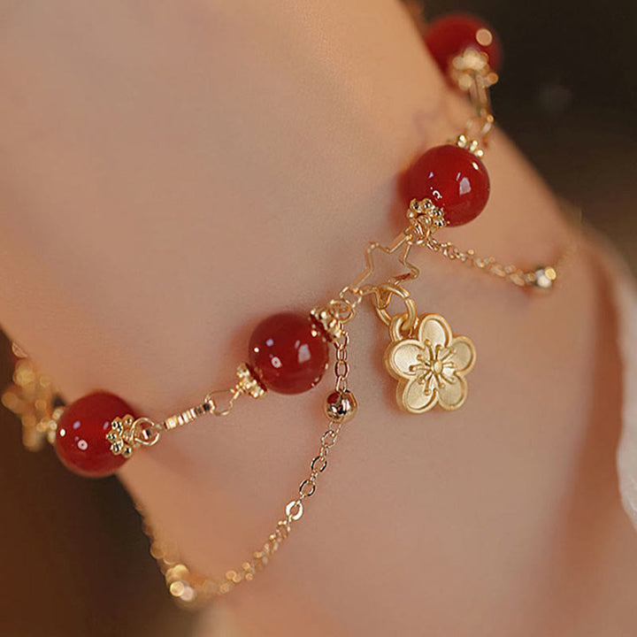 Buddha Stones 14k Gold Plated Red Agate Star Flower Charm Calm Bracelet - Red Agate(Confidence♥Calm)(Wrist Circumference 15-17cm) - image 0