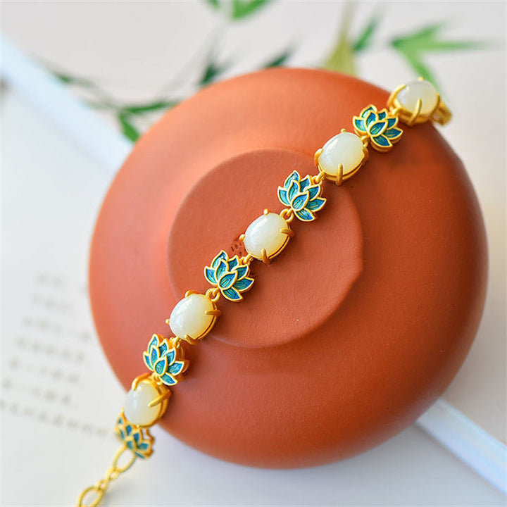 Buddha Stones White Jade Cyan Jade Lotus Protection Bracelet - image 4
