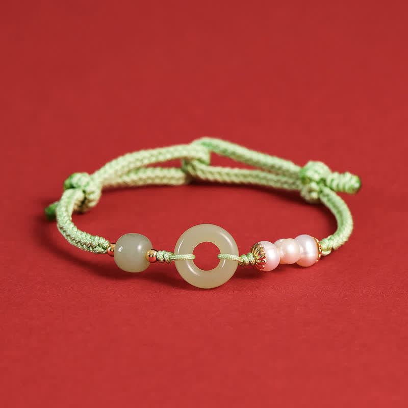 Buddha Stones Natural Hetian Jade Pearl Peace Buckle Luck Bracelet - Green - image 12