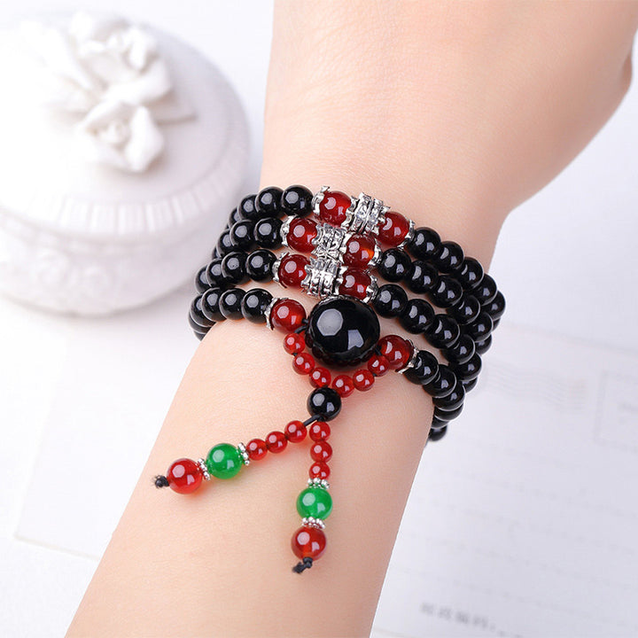 Buddha Stones 108 Beads Natural Black Obsidian Tiger Eye Mala Bracelet - image 14