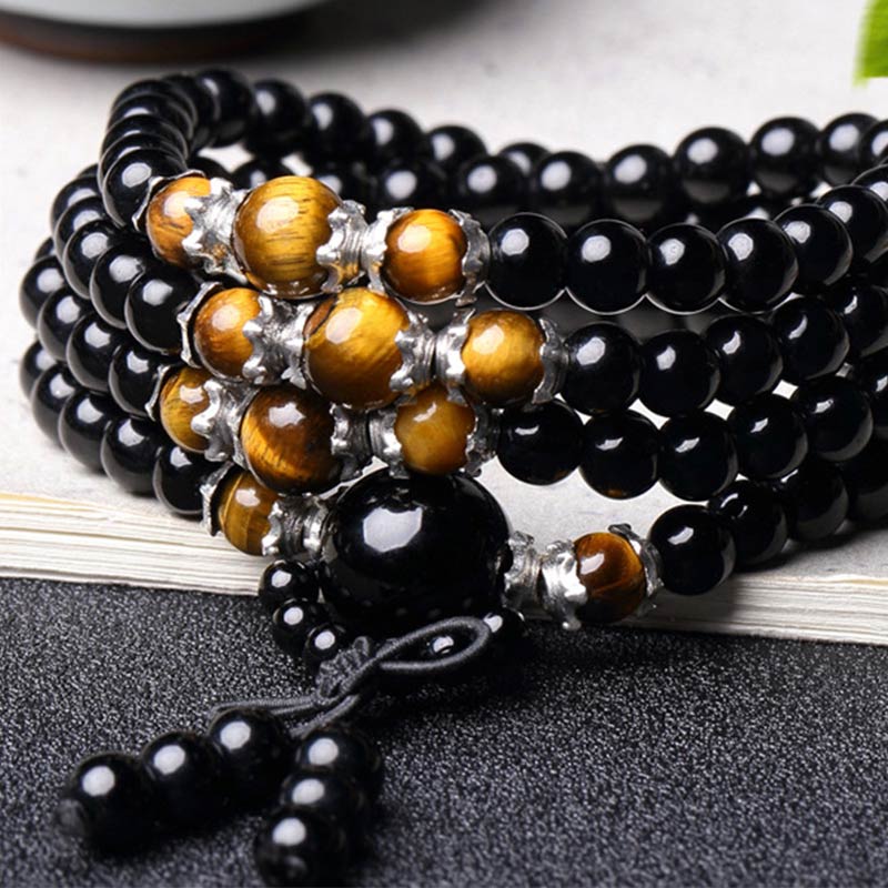 Buddha Stones 108 Beads Natural Black Obsidian Tiger Eye Mala Bracelet - image 7