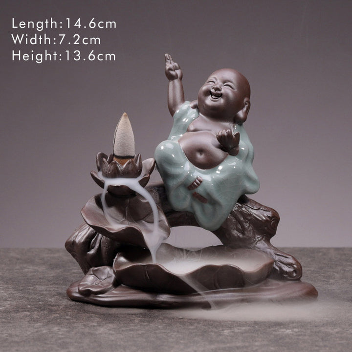 Buddha Stones Little Monk Ceramic Lotus Blessing Incense Burner Decoration - Laughing Buddha - image 6
