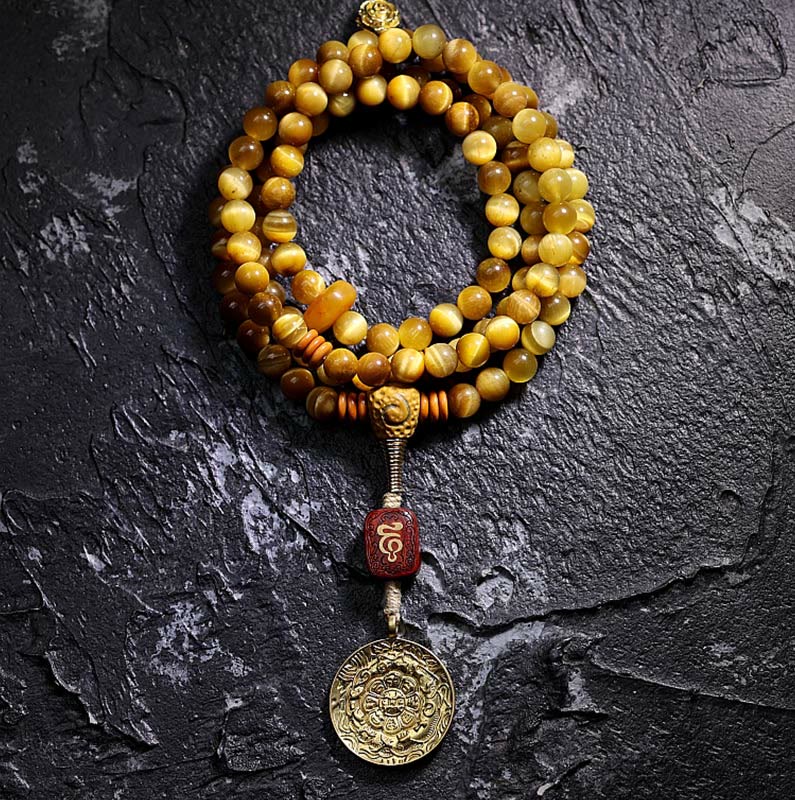 Buddha Stones 108 Mala Beads Natural Tiger Eye Copper Dorje Protection Tassel Bracelet - 8mm - Tiger Eye Nine Palaces Eight Diagrams - Without Copper Dorje - image 22