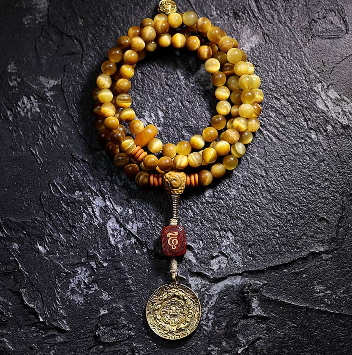 Buddha Stones 108 Mala Beads Natural Tiger Eye Copper Dorje Protection Tassel Bracelet - 8mm - Tiger Eye Nine Palaces Eight Diagrams - Without Copper Dorje - image 22
