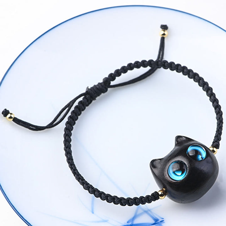 Buddha Stones Small Leaf Red Sandalwood Ebony Wood Cute Cat Head Calm Protection Braided Bracelet - image 12