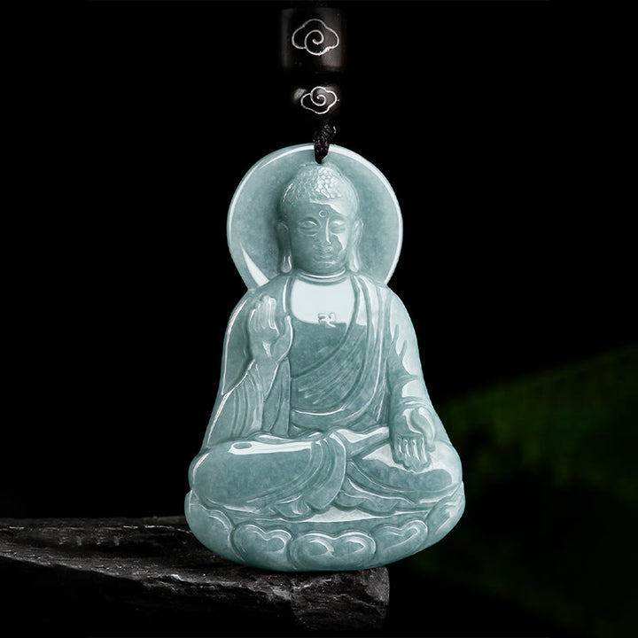 Buddha Stones Amitabha Buddha Natural Jade Lotus Amulet Compassion String Necklace Pendant - image 4