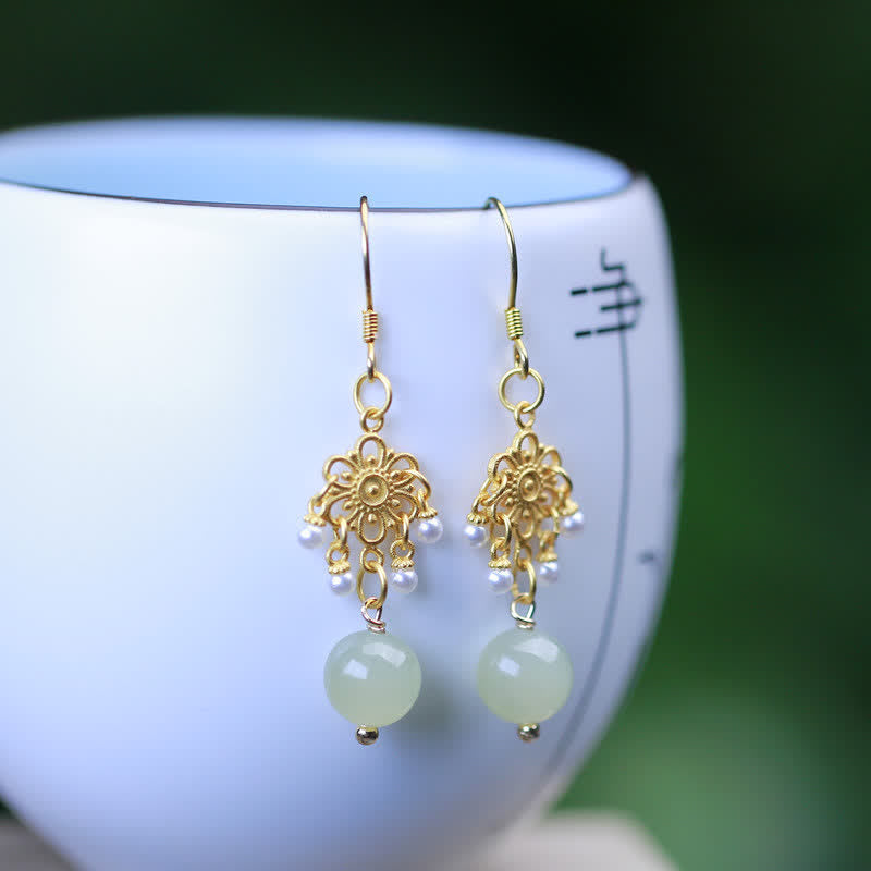 Hetian Jade Flower Pattern 14K Gold Plated Luck Drop Dangle Earrings - image 1