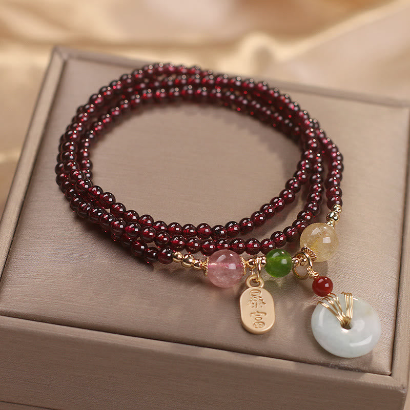 Buddha Stones Natural Garnet Strawberry Quartz Crystal Fox Koi Fish Peace Buckle Fortune Protection Triple Wrap Bracelet - image 11