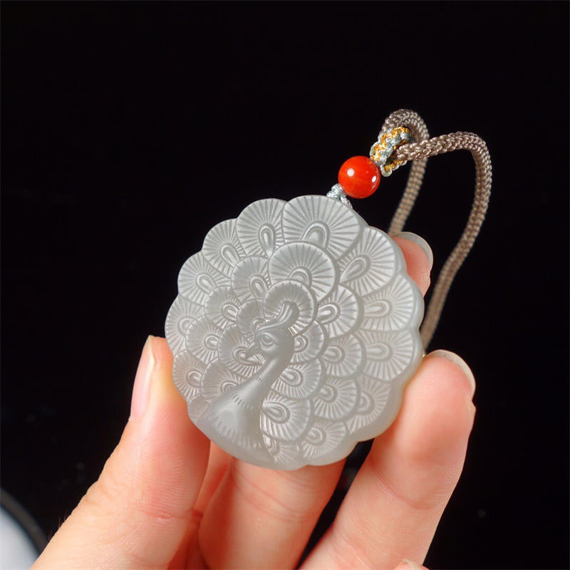 White Jade Peacock Protection Blessing Necklace Pendant - image 1